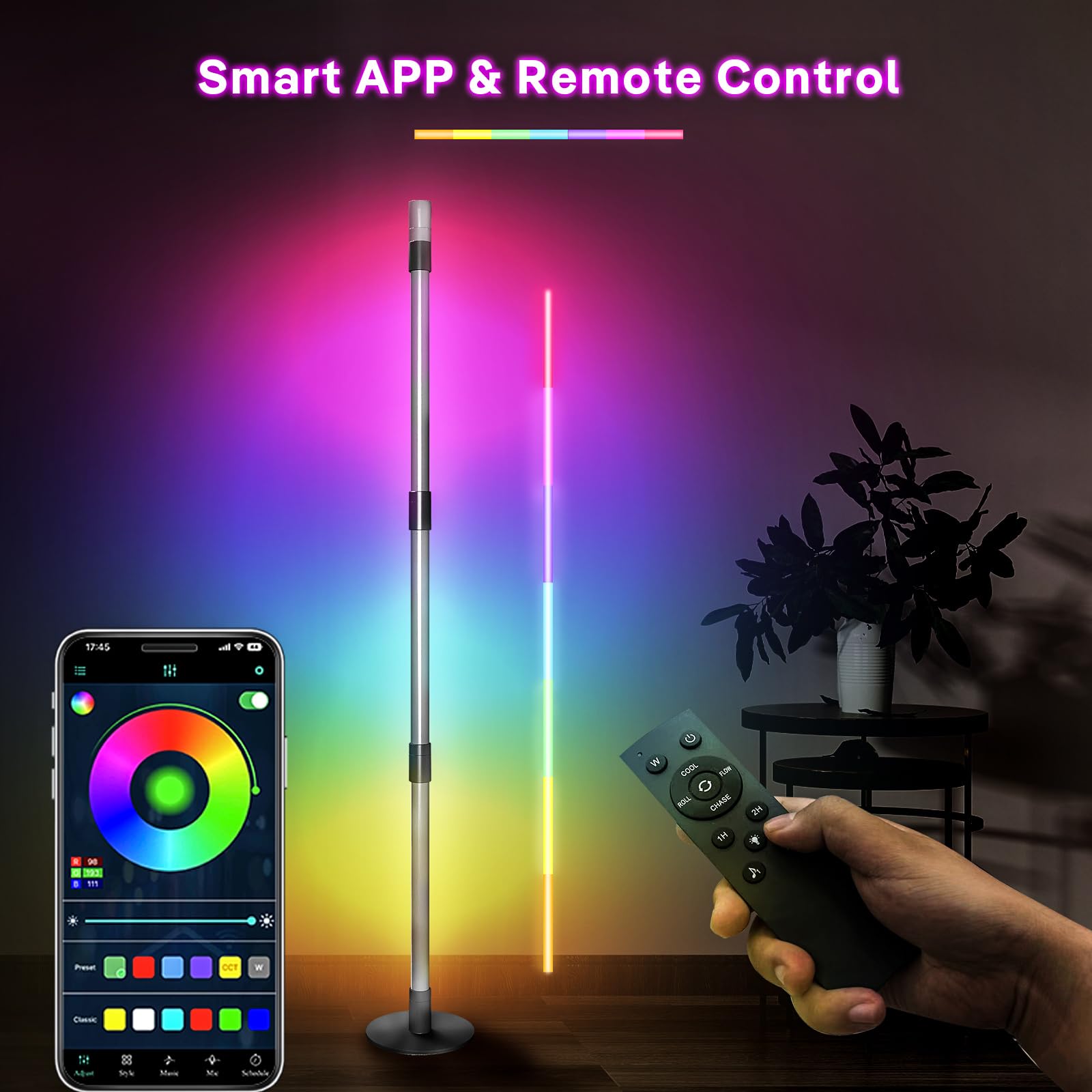 RGB+IC Floor Lamp, Smart LED Corner Lamp with Music Sync and 16 Million DIY Colors, App & Remote Control, 360° Rotating Standing Floor Lamp with Spotlight for Bedroom Living Room 