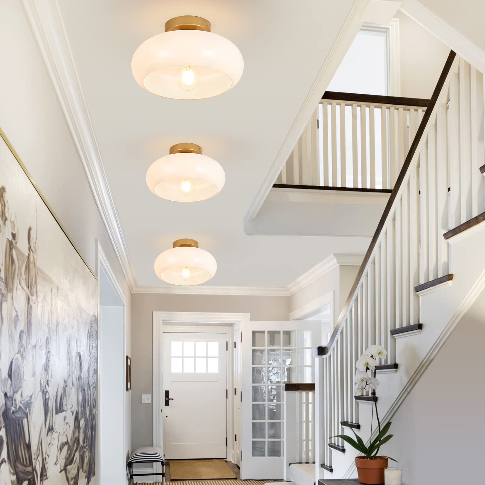  Mid-Century Modern Gold Semi Flush Mount Ceiling Light, Kitchen Ceiling Light Fixture with Glass Shade, Vintage White Close to Ceiling Lamp for Entryway Hallway Bathroom 