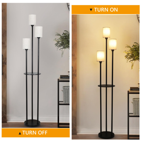 Floor Lamp with Shelves, Modern Floor Lamps for Living Room, 3-Lights Standing Lamp with Linen Shade and Foot Switch, Industrial Standing Lamps for Bedroom, Black Tall Table Lamp for Office 