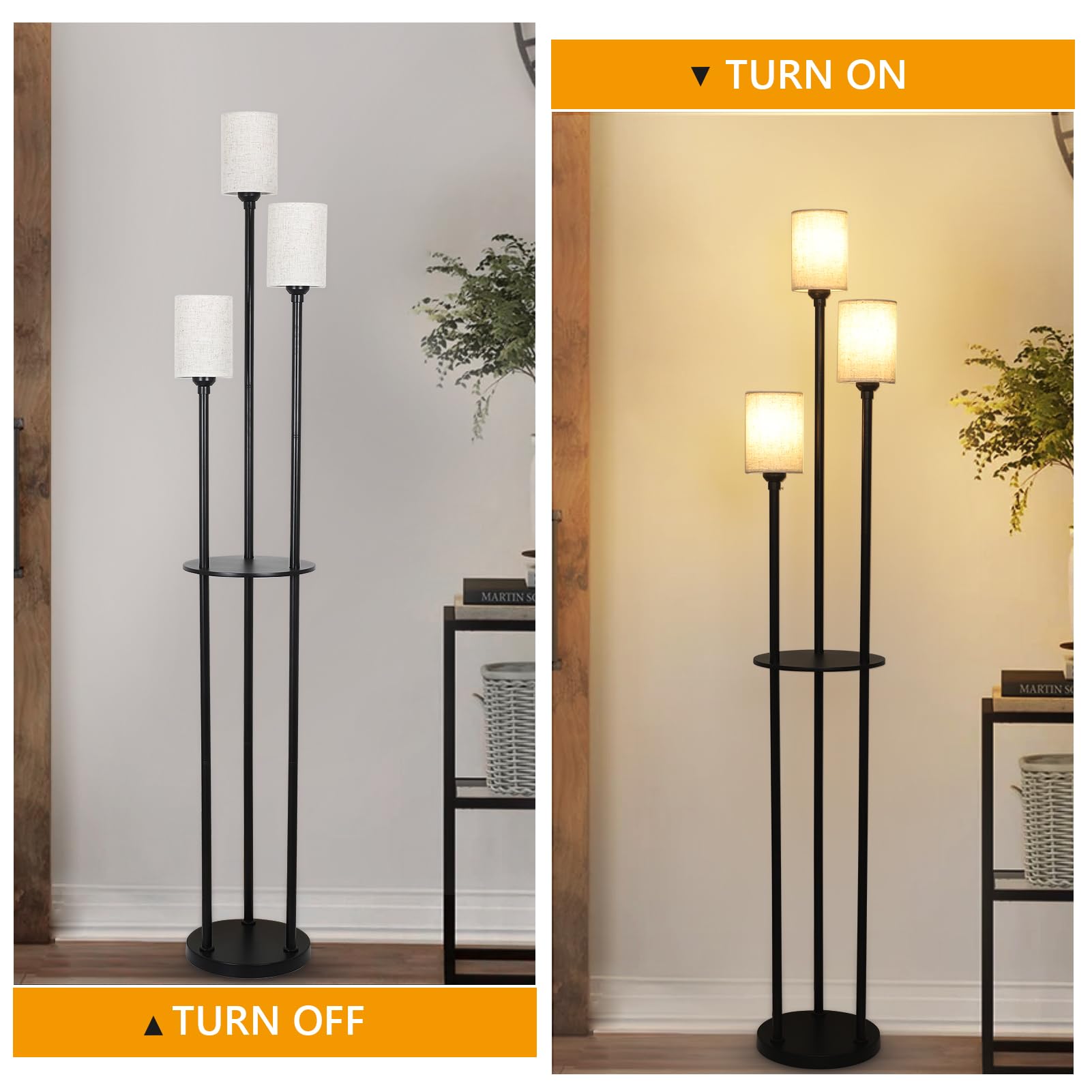 Floor Lamp with Shelves, Modern Floor Lamps for Living Room, 3-Lights Standing Lamp with Linen Shade and Foot Switch, Industrial Standing Lamps for Bedroom, Black Tall Table Lamp for Office 