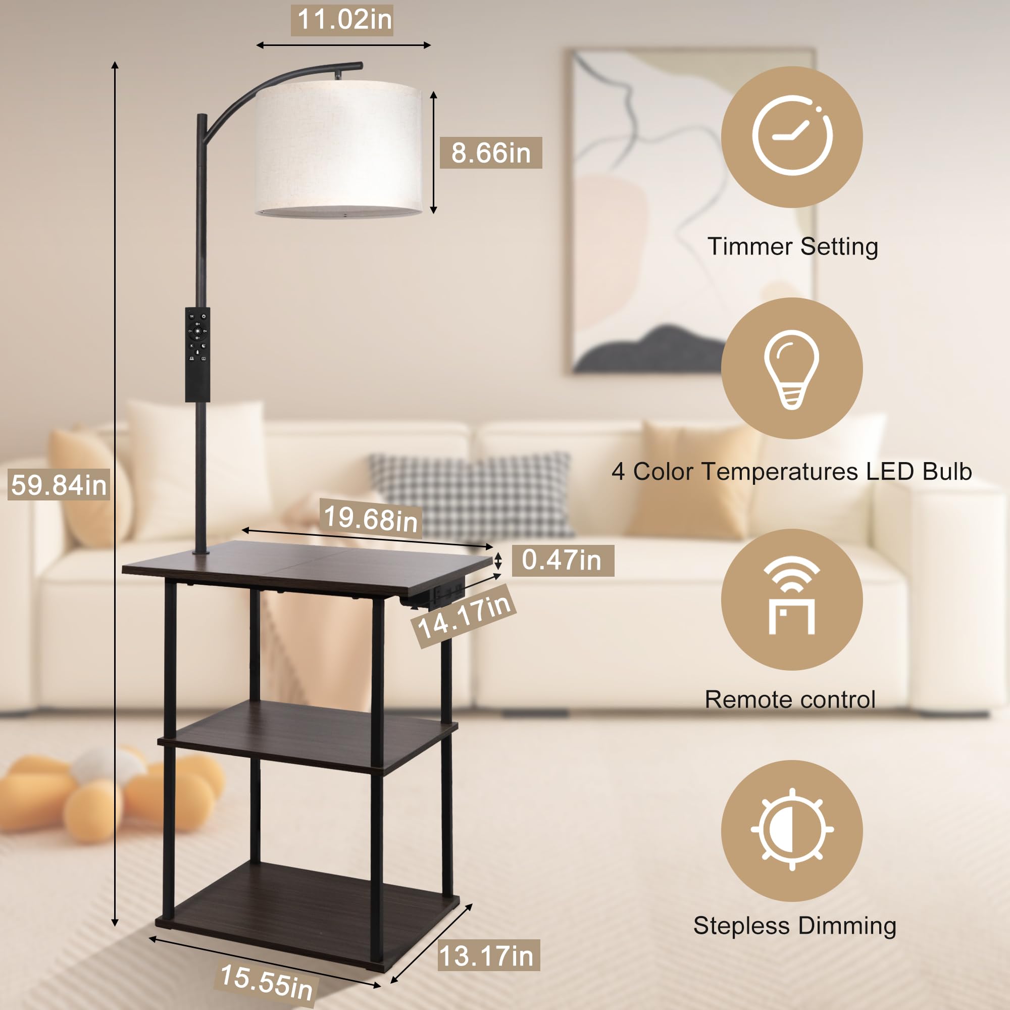 Floor Lamp with Table, End Table with Charging Station, 3 Color Temperatures 9W LED Bulb, Modern Shelves Side Table for Bedroom, Living Room