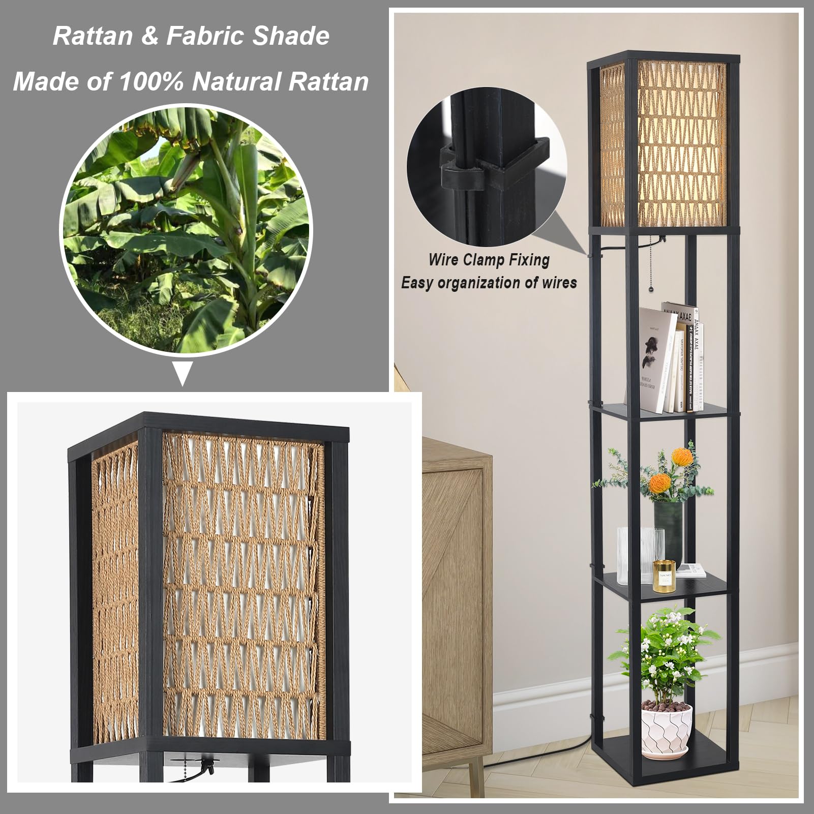 Floor Lamp with Shelves, Corner Floor Lamps for Living Room, Boho Floor Lamp with LED Bulb & Double Shades, Rattan Standing Lamp for Bedroom Office, Shelf Tall Lamp for Storage Display, Home Decor 