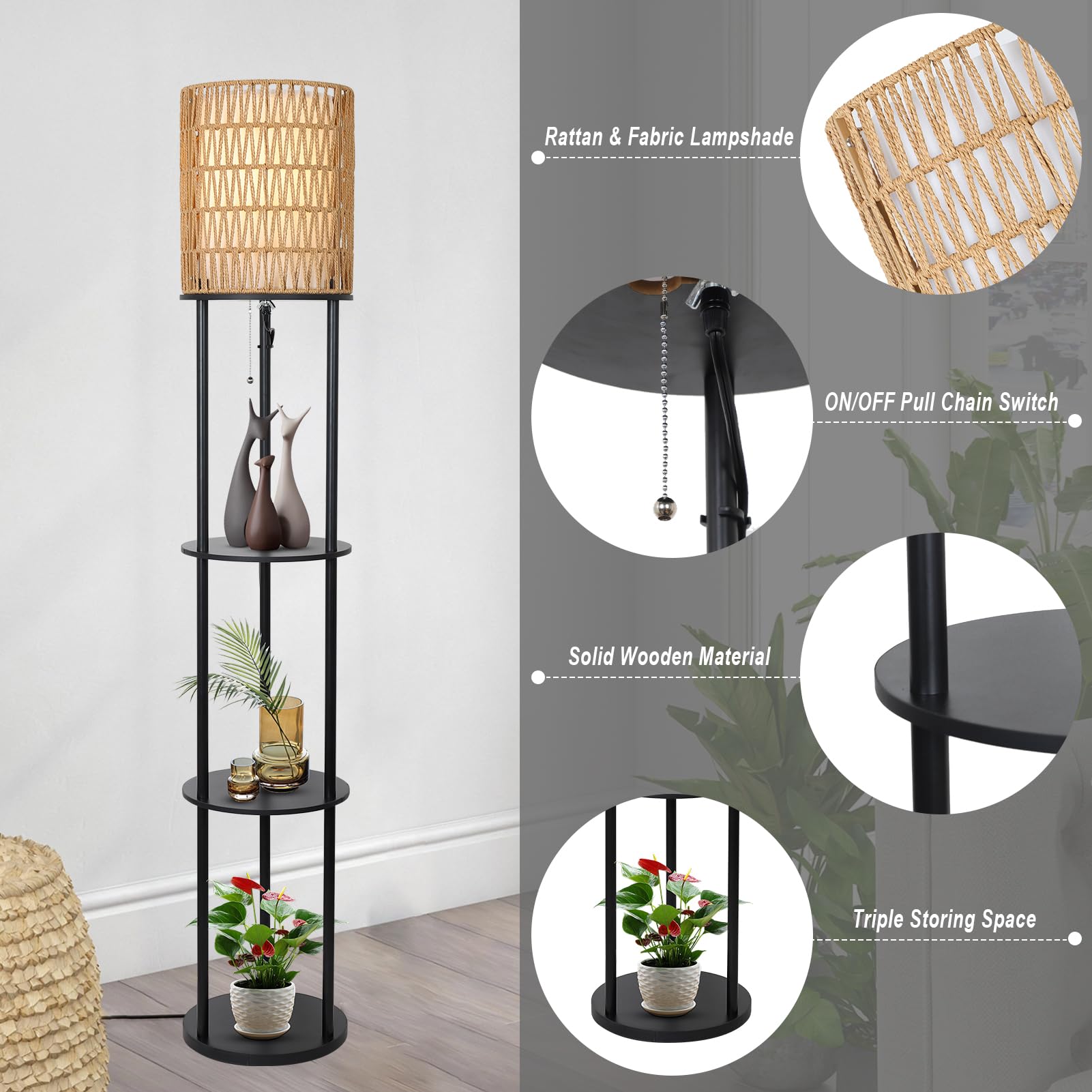 Floor Lamp with Shelves, Corner Floor Lamps for Living Room, Boho Floor Lamp with Double Shades, Rattan Standing Lamp for Bedroom Office, Shelf Tall Floor Lamp for Storage Display