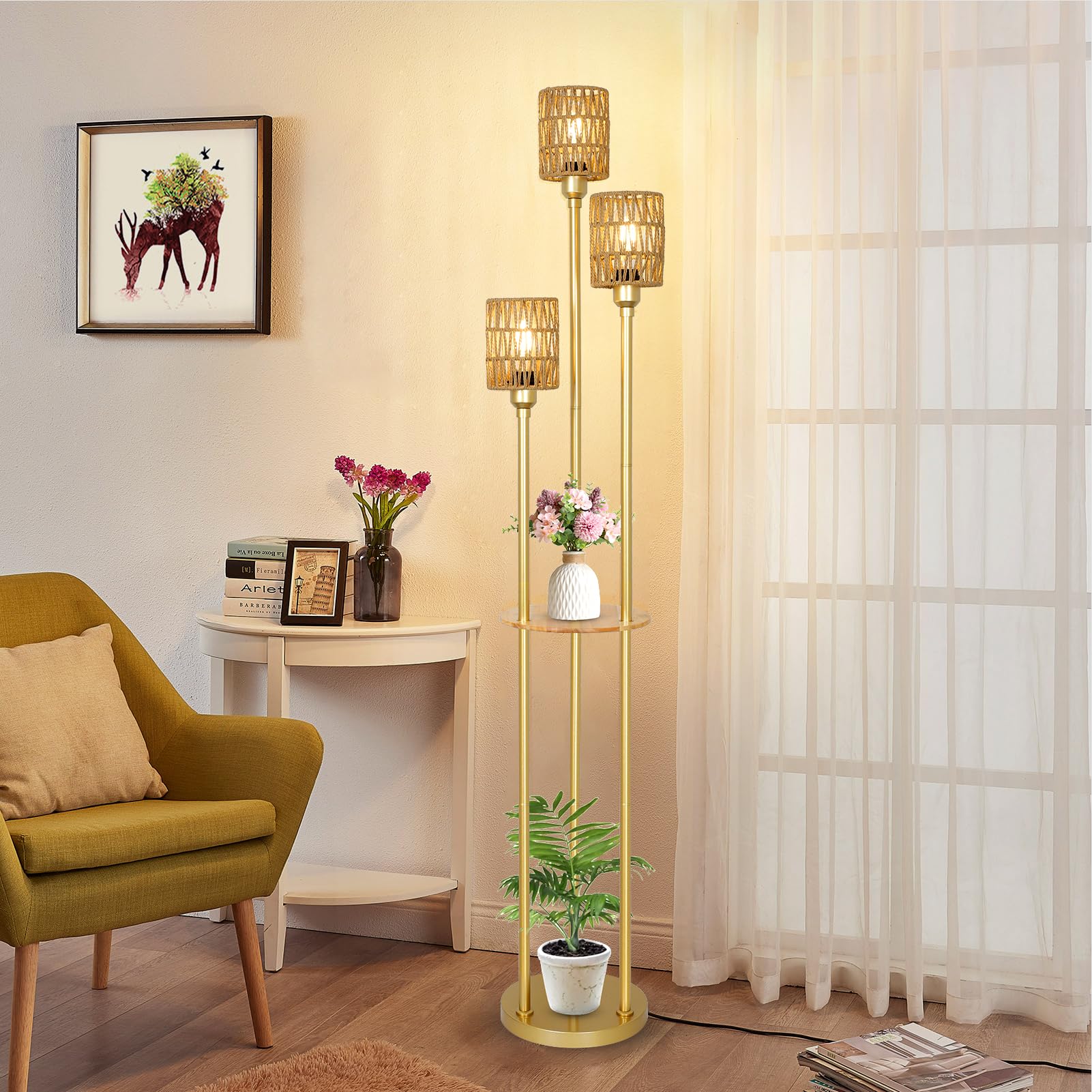 Boho Floor Lamp with Shelves, 3-Lights Farmhouse Tall Floor Lamp with ON/Off Foot Switch, Gold Modern Floor Lamps with Rattan Shades, Rustic Standing Lamp for Living Room, Bedroom, Office 