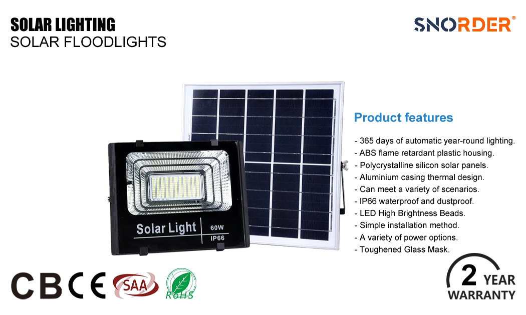 1. CB CC SAA ROHS product certification solar floodlight features IP65 waterproof and dustproof die-cast aluminum material+tempered glass light control+remote control solar floodlight