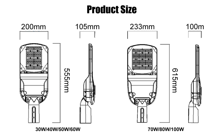 11. Schematic diagram of product linear dimension wholesale LED modern outdoor street lamp induction street lamp 4000K 5000K can choose 30W 60W 100W 150W