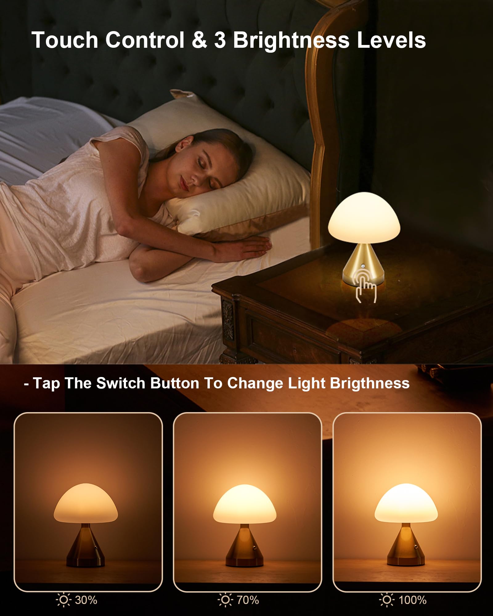 Cordless Small Mushroom Lamp, Rechargeable Battery Operated Table Lamp for Restaurant Bar Dining Table, Touch Dimmable Cute Bedside Night Light, Portable Outdoor Table Lamp for Patio Home Bedroom 