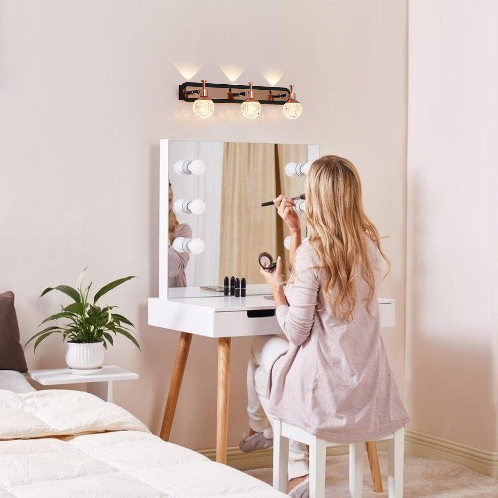 3 Lights Bathroom Vanity Light Over Mirror,Rose Gold Bathroom Light Fixtures with Warm/Neutral/White Light,Modern Vanity Light for Bathroom,Bedroom 