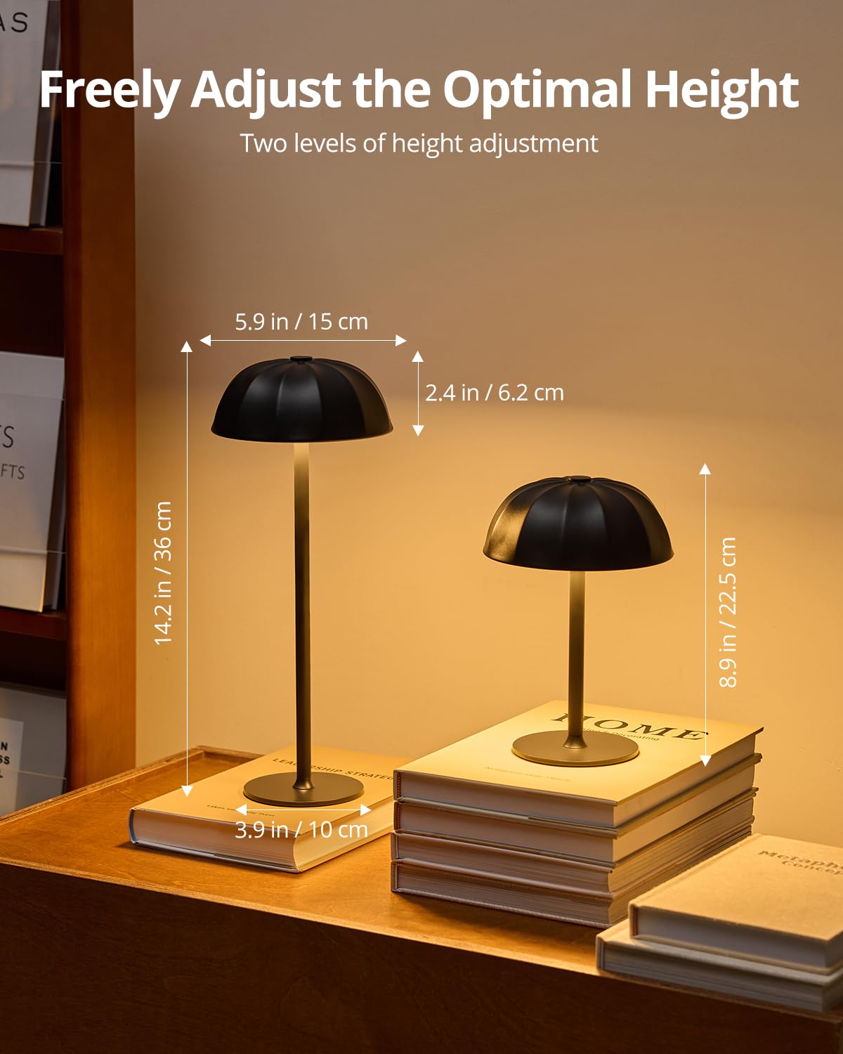 Cordless Table Lamp, Adjustable Height & 3-Color Dimming, Portable Black Wireless Battery Lamp for Bedroom, Dining or Outdoor