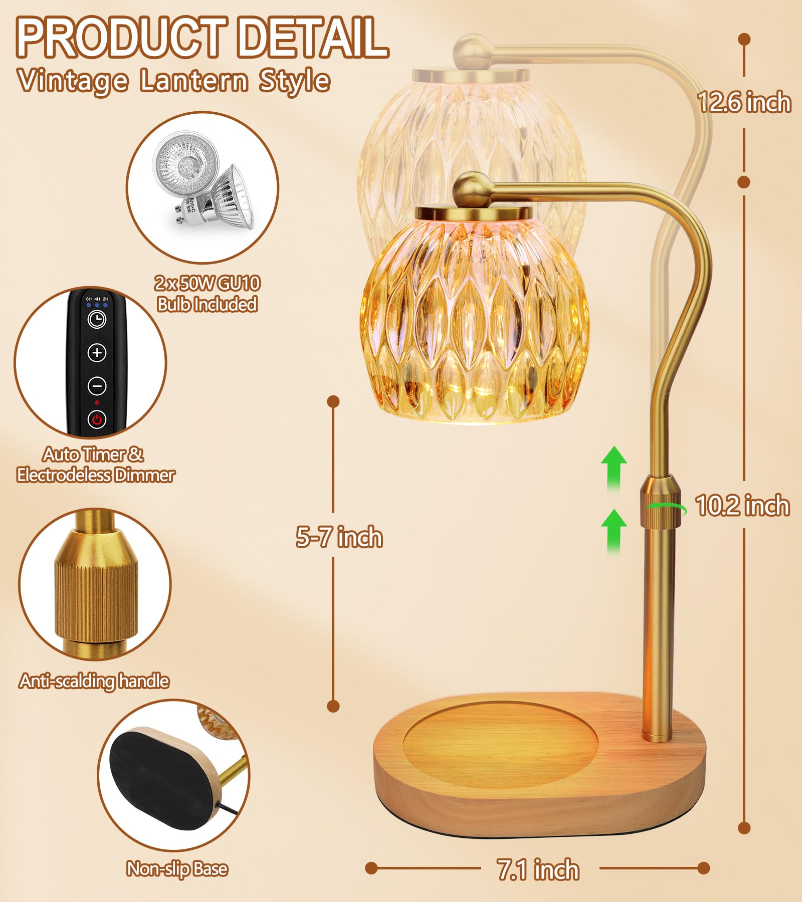 Candle Warmer Lamp, Adjustable Height Candle Warmer Lamp with Timer, Scented Wax Candle Melt Warmer, Gold Electric Candle Warming Lamp for Home Fragrance Housewarming Gifts, Presents for Mom 