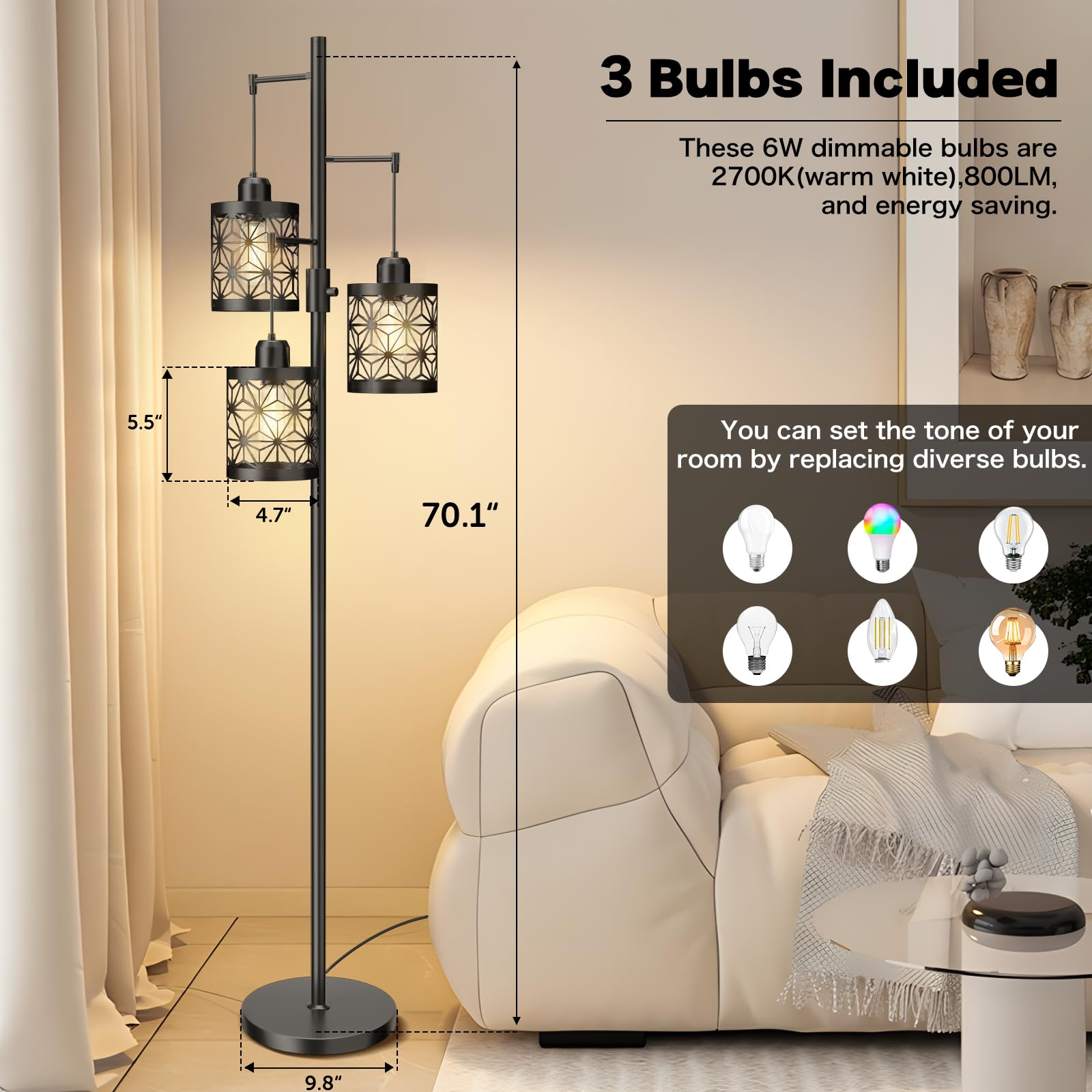 Floor Lamp, Floor Lamp for Living Room, Modern Floor Lamp for Bedroom, Standing Tall Floor Lamps for Office, Dimmable Floor Lamp with Bright 3X 800LM LED Edison Bulbs 