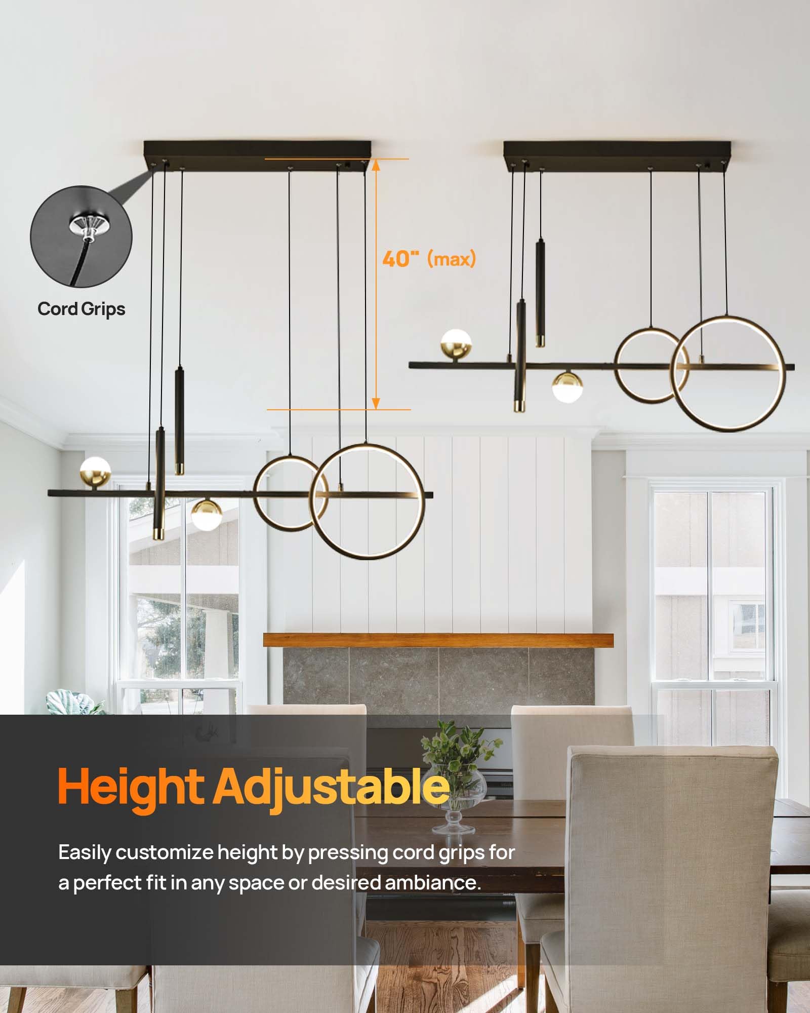 39" Modern Linear LED Chandelier, Dimmable LED Kitchen Island Pendant Light with Remote Control, Black and Gold Modern Chandelier for Dining Room