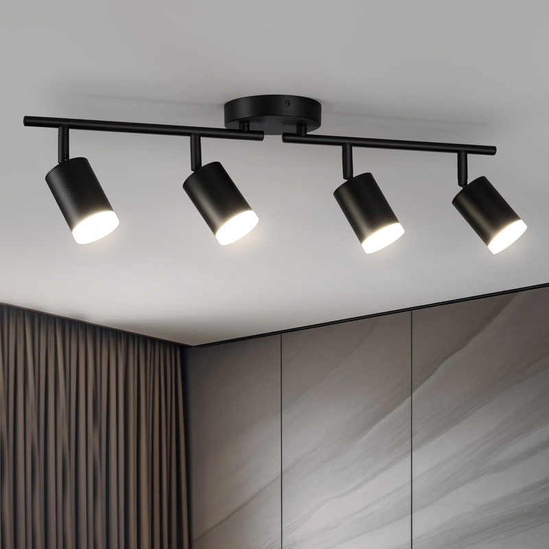 Flexible Led Track Lighting, 4-Light Black Track Lighting Fixtures Ceiling, Ceiling Spotlight with Foldable Light Arms for Kitchen, Closet, Bedroom(GU10 Socket, Bulbs Not Included) 
