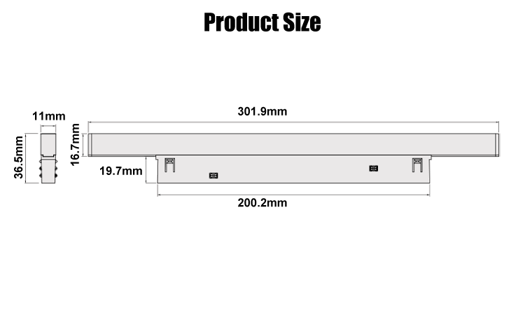 4. Product size line drawing L299W11H36.5mm best-selling LED aluminum magnet lamp 18W, 3000K 4000K 6000K optional, beam angle 24 degrees, 3-year warranty IP20 indoor lighting