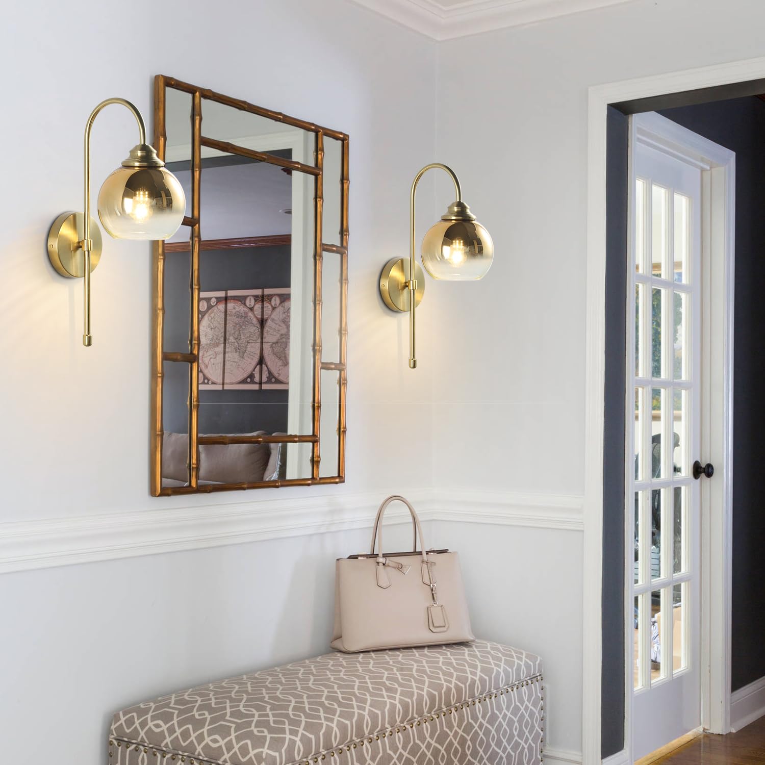  Brass Wall Sconces Vintage Rose Gold Armed Sconce Mid Century Modern Long Sconces Wall Lighting Indoor Large Glass Globe Wall Sconce Bathroom Vanity Wall Light for Bedroom 