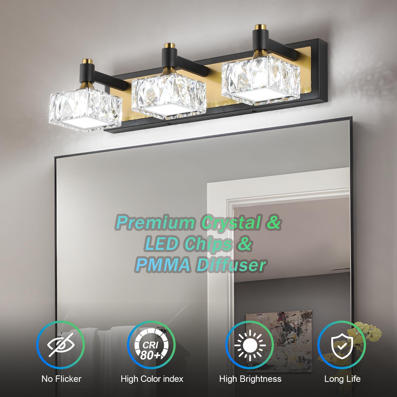 3-Light Bathroom Light Fixtures Over Mirror, Dimmable Led Bathroom Vanity Light with Crystal Shade, Black and Gold Modern Wall Sconce Light, Bathroom Lighting Fixtures Over Mirror, Bath Lamp