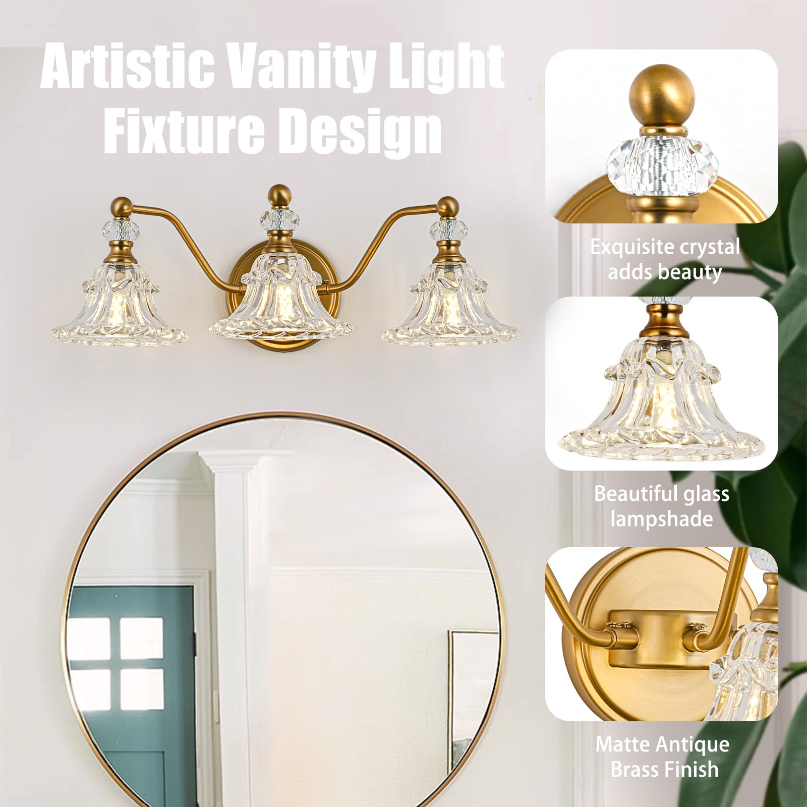 Vintage 3-Light Bathroom Vanity Light Fixture,Vintage Vanity Light with Crystal Glass Shade in Matte Antique Brass Finish,3-Light Retro Vanity Lighting for Bathroom