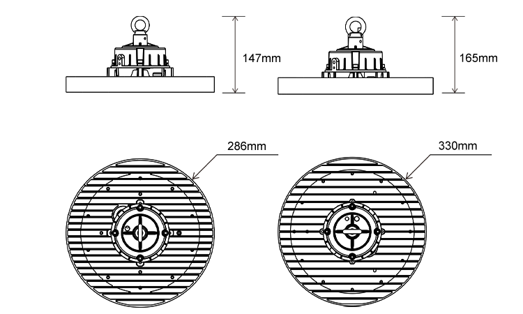 3. Product line size diagram, product size 286L147mm, 330L165mm, LED commercial mining lamp made in China, 100W 150W 200W optional, efficiency 190lmw, 300K4000K500K5700k optional, 5-year w