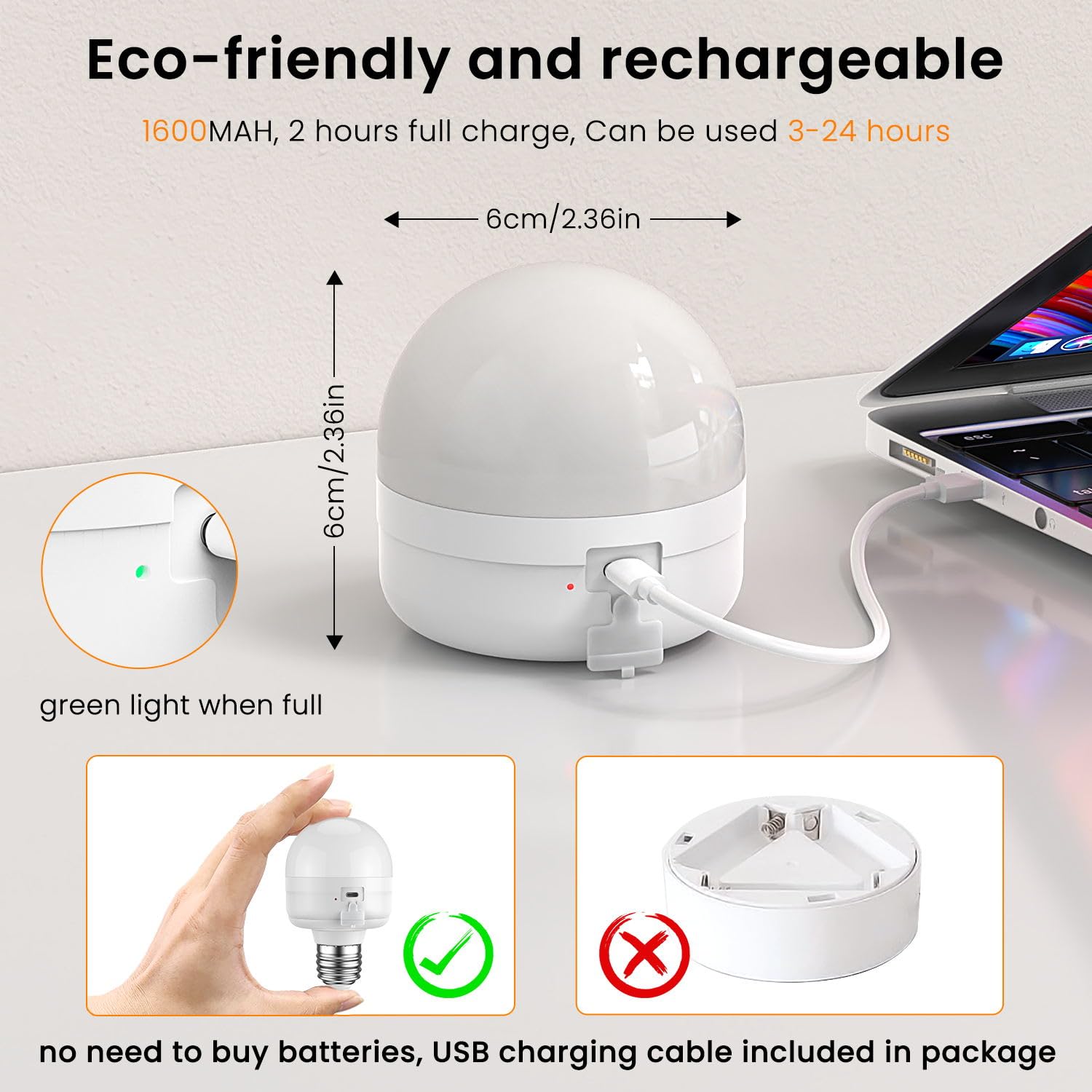 E26 Rechargeable Light Bulbs with Remote Control Timer and 3 Color Temperature Magnetically Battery Operated Light Bulbs Dimmer for Non-Hardwired Detachable (5W+E26+3Colors) 