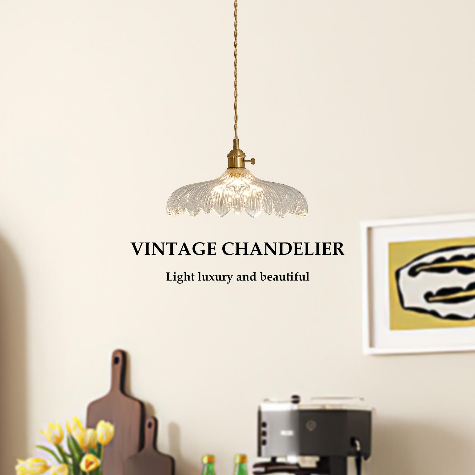 Hanging Lamp,9.8 Inch Pendant Lights Kitchen Island Golden Light Cord Pendant Light Flower Lampshade Vintage Pendant Light Farmhouse Pendant Light Fixtures 