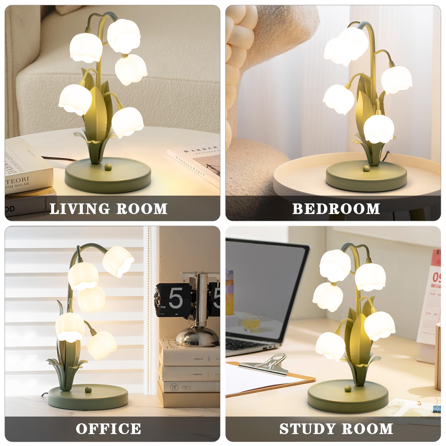 Vintage Flower Table Lamp for Home, 5 Lily of The Valley Desk Lamps 3 Color Modes Reading Lamp with G4 Led Bulbs for Bedroom, Living Room, Office 