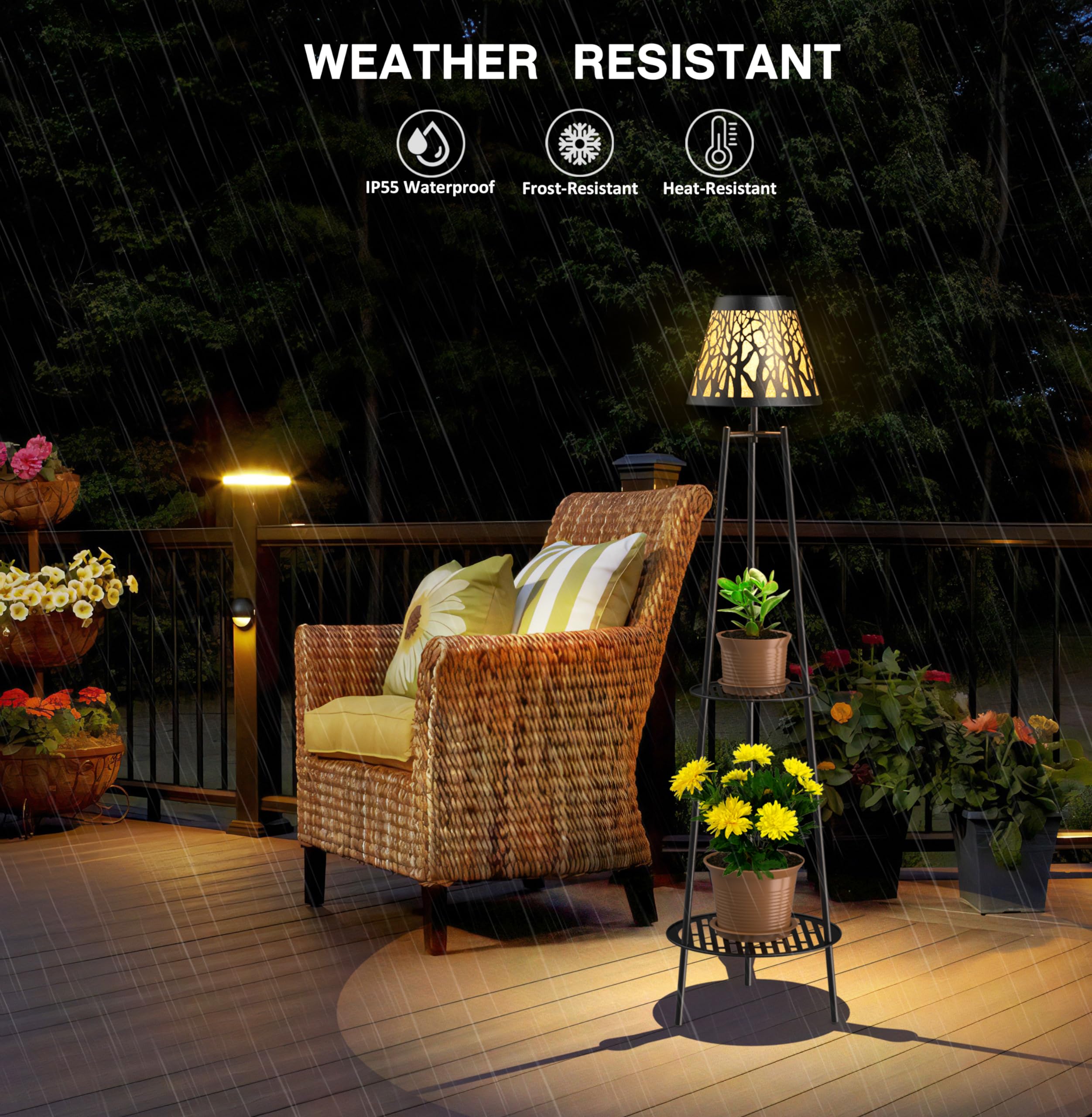 45.5'' Solar Lights with 2 Tier Plant Stand, Metal Solar Floor Lamps, Solar Powered Outdoor Waterproof Lights Flower Shelf for Patio Deck Yard Garden Porch Decor 