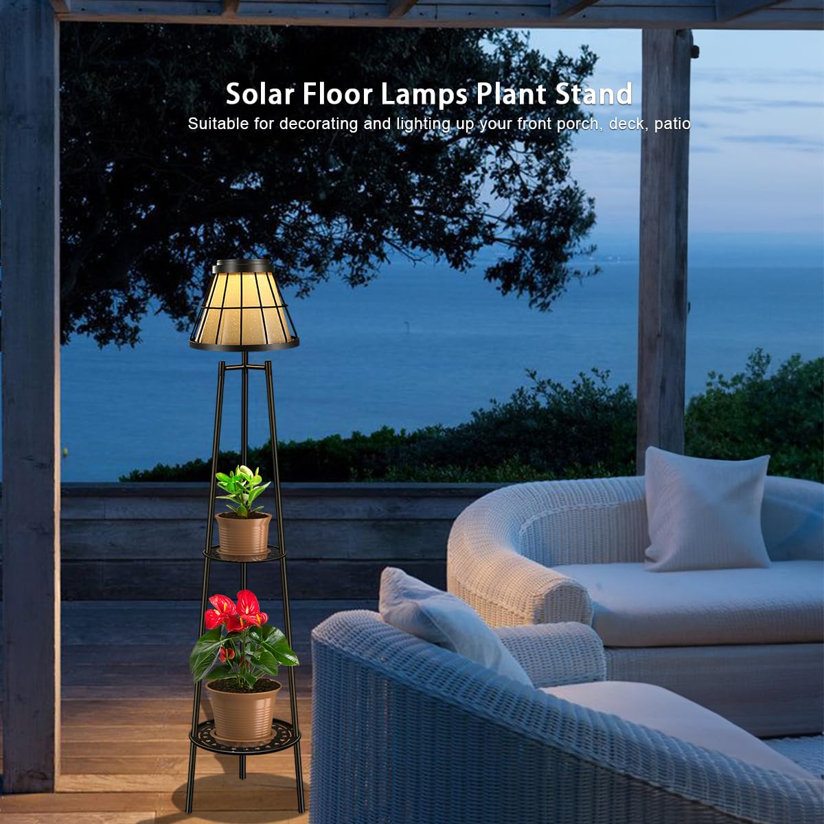 45.5'' Solar Floor Lamps with 2 Tier Plant Stand, Waterproof Metal Solar Powered Outdoor Lights Flower Shelf for Patio Deck Yard Garden Porch Decor 