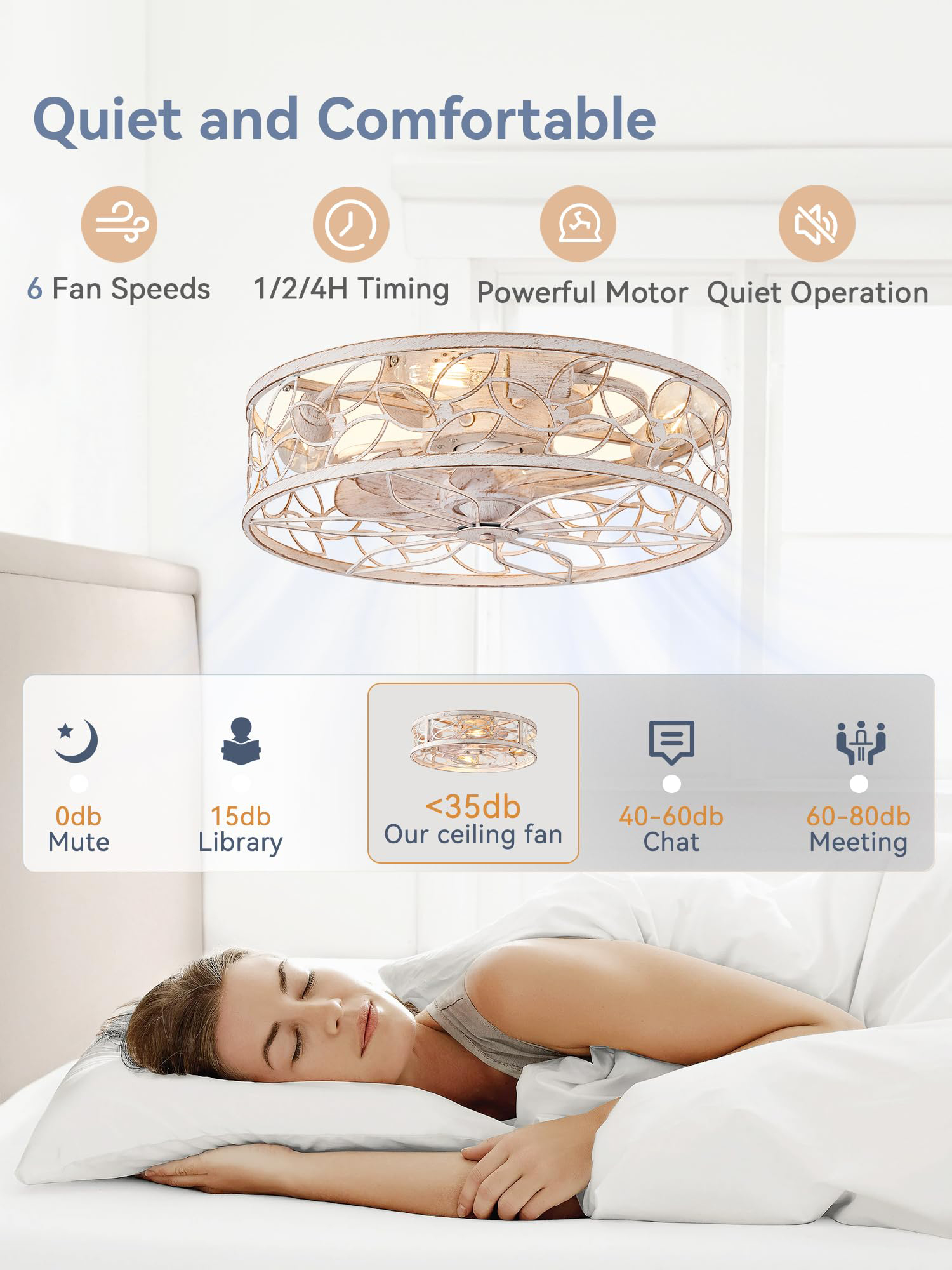 Caged Ceiling Fans with Lights, Farmhouse Flush Mount Ceiling Fan with Remote, Low Profile Ceiling Fan Light Fixture for Bedroom, Kitchen, Dining Room
