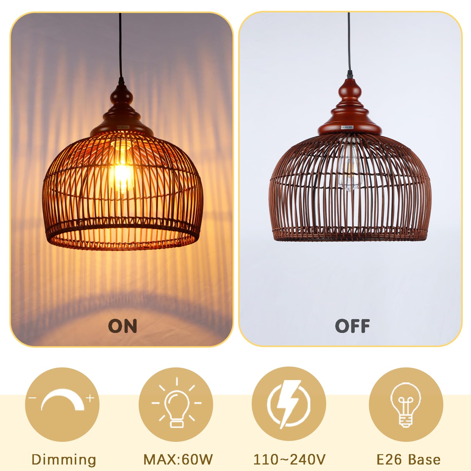 Rattan Pendant Light Kitchen Island, 15.8" Boho Dining Room Light Fixture Hand-Woven Wicker Chandelier Farmhouse Weaving Lighting Coastal Ceiling Hanging Lights for Living Room Restaurant 