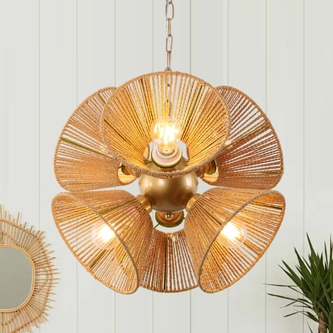 6-Light Rattan Chandelier 18.5 in Boho Light Fixture Hand Woven Country Wicker Chandelier for Dining Room, Living Room, Hallway, Kitchen 