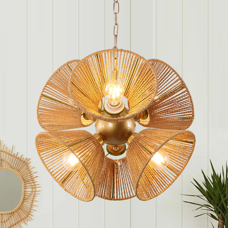 6-Light Rattan Chandelier 18.5 in Boho Light Fixture Hand Woven Country Wicker Chandelier for Dining Room, Living Room, Hallway, Kitchen 