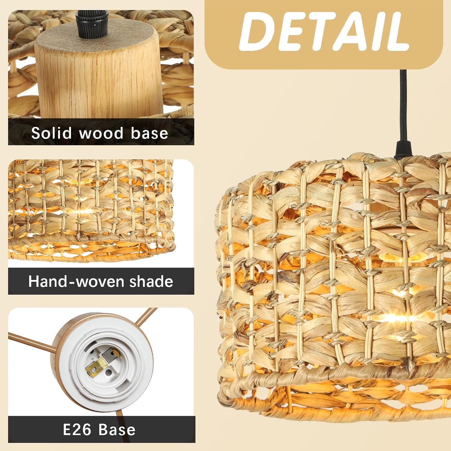 Rattan Pendant Light for Kitchen Island, 12.2in Boho Hand Woven Kitchen Light Fixtures Wicker Dining Room Lighting Coastal Chandelier for Farmhouse Bedroom Living Room Restaurants Bedside