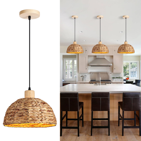 Boho Pendant Lights Kitchen Island, 11.8" Hand-Woven Rattan Light Fixture Bohemian Lighting Farmhouse Seagrass Weaving Hanging Ceiling Light Chandelier for Living Dining Room Restaurants 