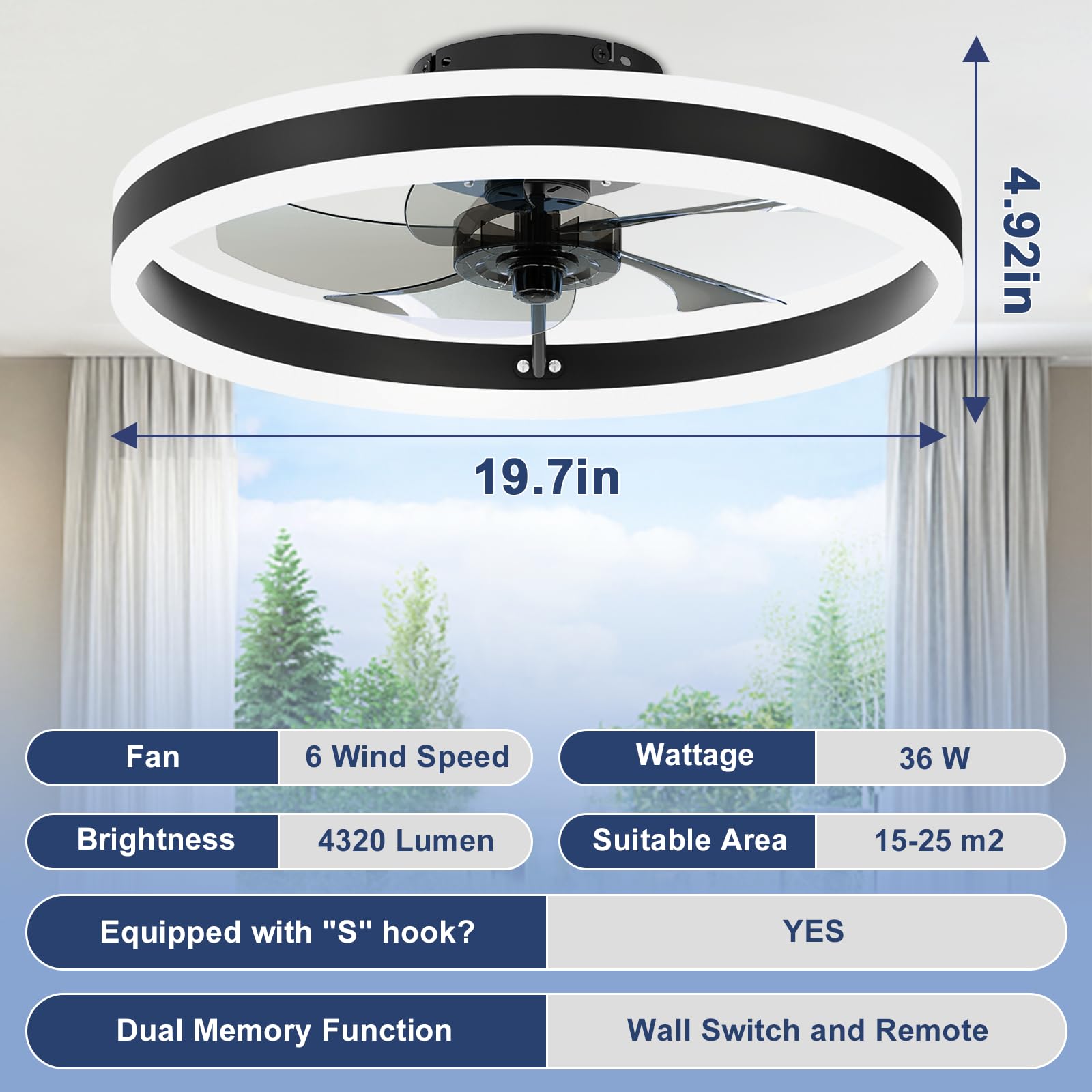 Low Profile Ceiling Fans with Lights and Remote, Flush Mount Ceiling Fans with Light, 3000K-6500K Dimmable Fandelier LED Fan Light, White Bladeless Ceiling Fans with Lights for Bedroom 
