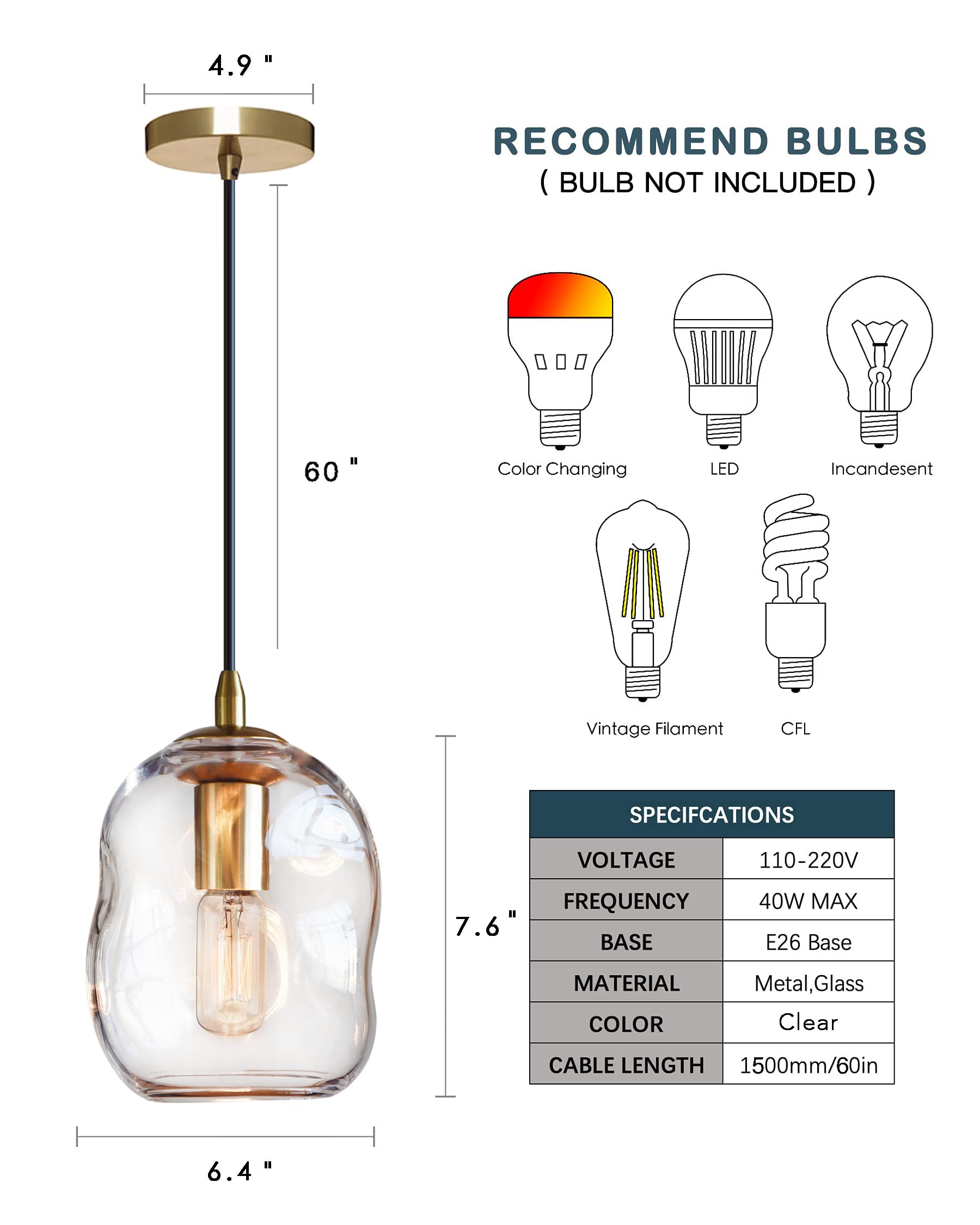 Pendant Lights Kitchen Island Modern Clear Glass Organic Globe Gold Kit Ceiling Hanging Light Fixtures Bar Counter Porch Patio Over Sink Dining RoomTable 7.6 Inch Height 
