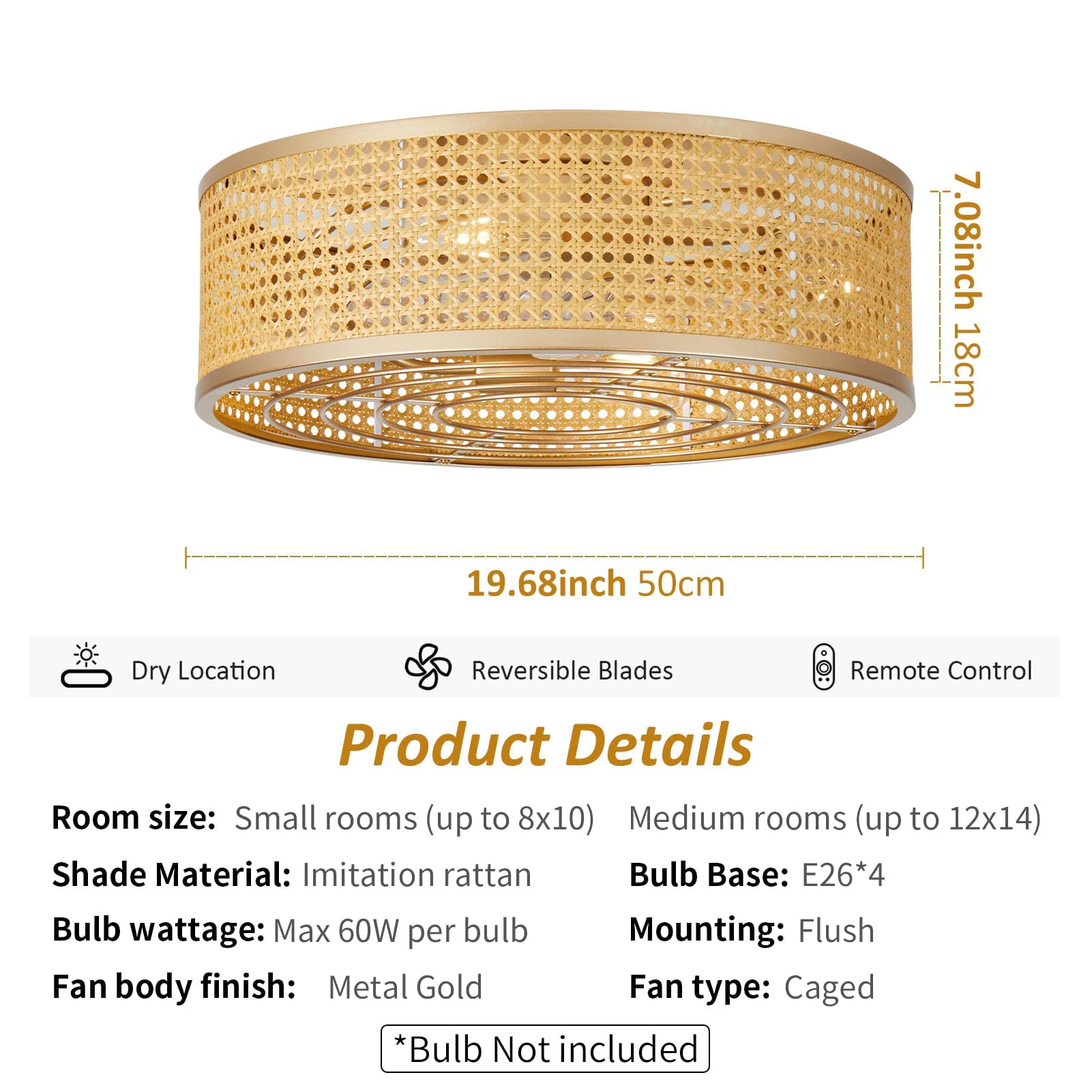 20 Inch Boho Caged Ceiling Fans with Lights Flush Mount, Layered Rattan Ceiling Fan with Light Remote Control with Reversible 6 Speeds for Bedroom, Nursery, Living Room, E12 Base, Indoor 