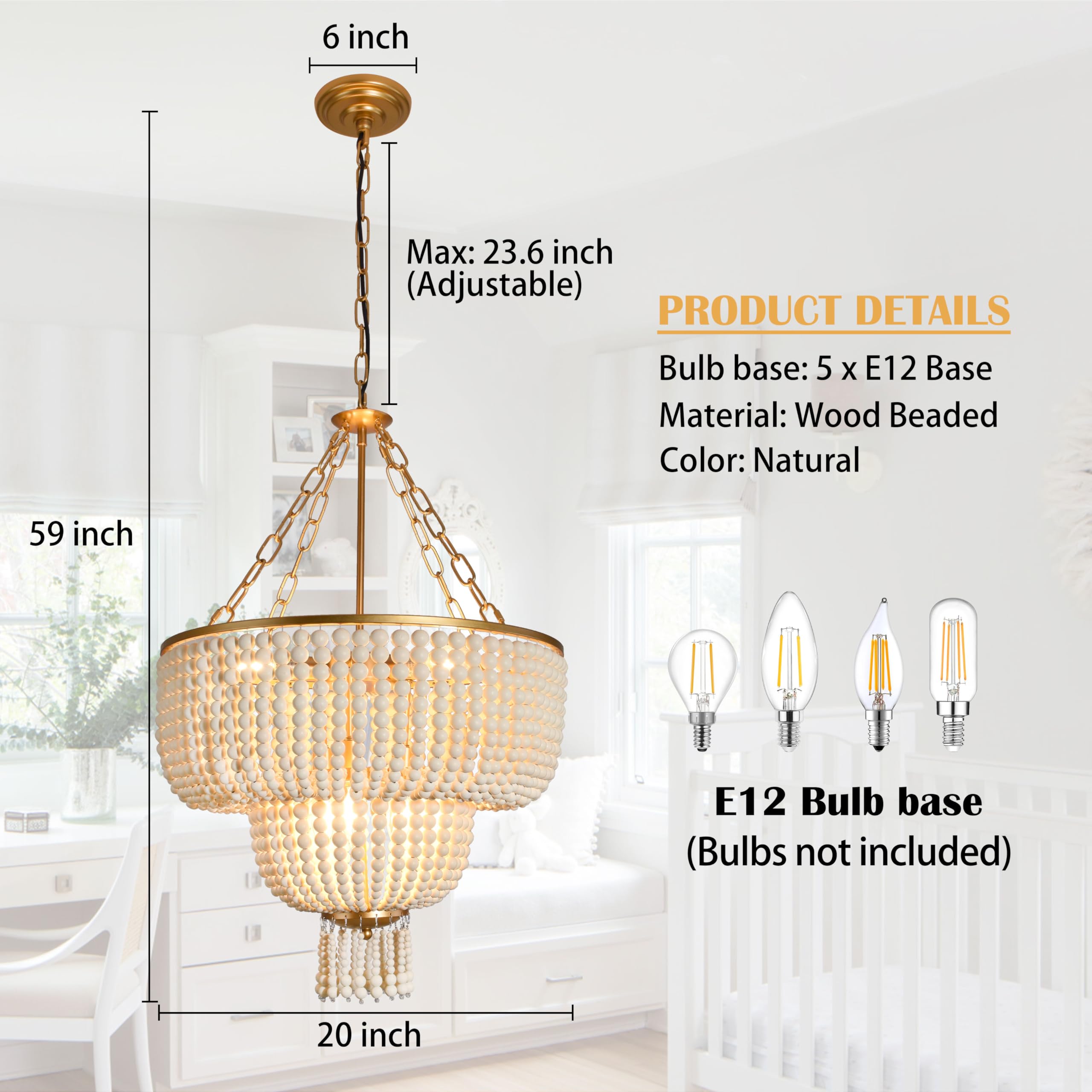 6-Light 20 Inch Boho Light Fixtures Ceiling Natural Wood Beaded Chandelier Boho Light Fixture Bohemia Wood Beaded Chandelier for Kitchen Island Living Room 