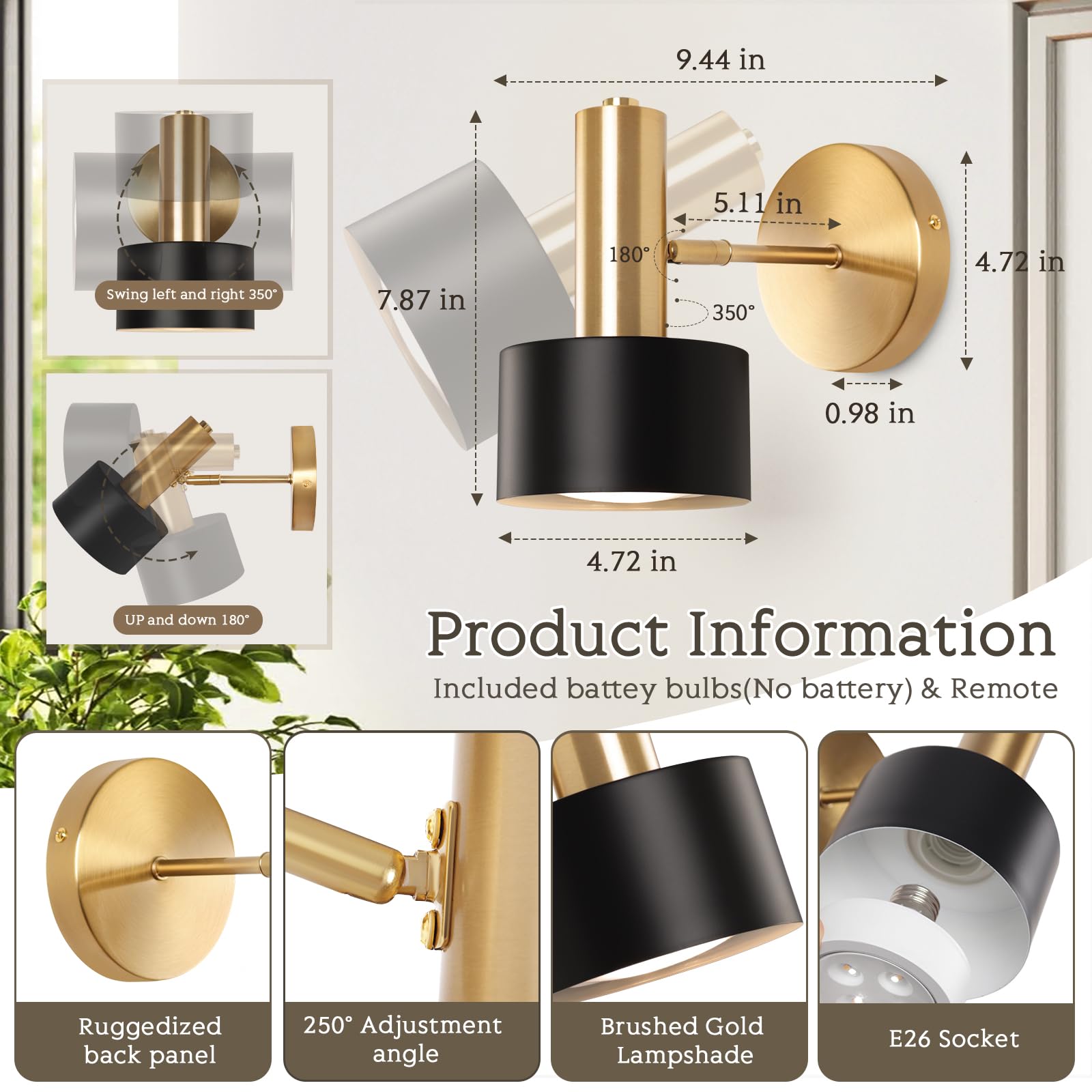 Battery Operated Wall Lights, Wireless Battery Powered Wall Sconce, Modern Metal Indoor Wall Lamp, Dimmable with Remote, Suitable for Living Room Bedroom Golden-Like Brass Finish
