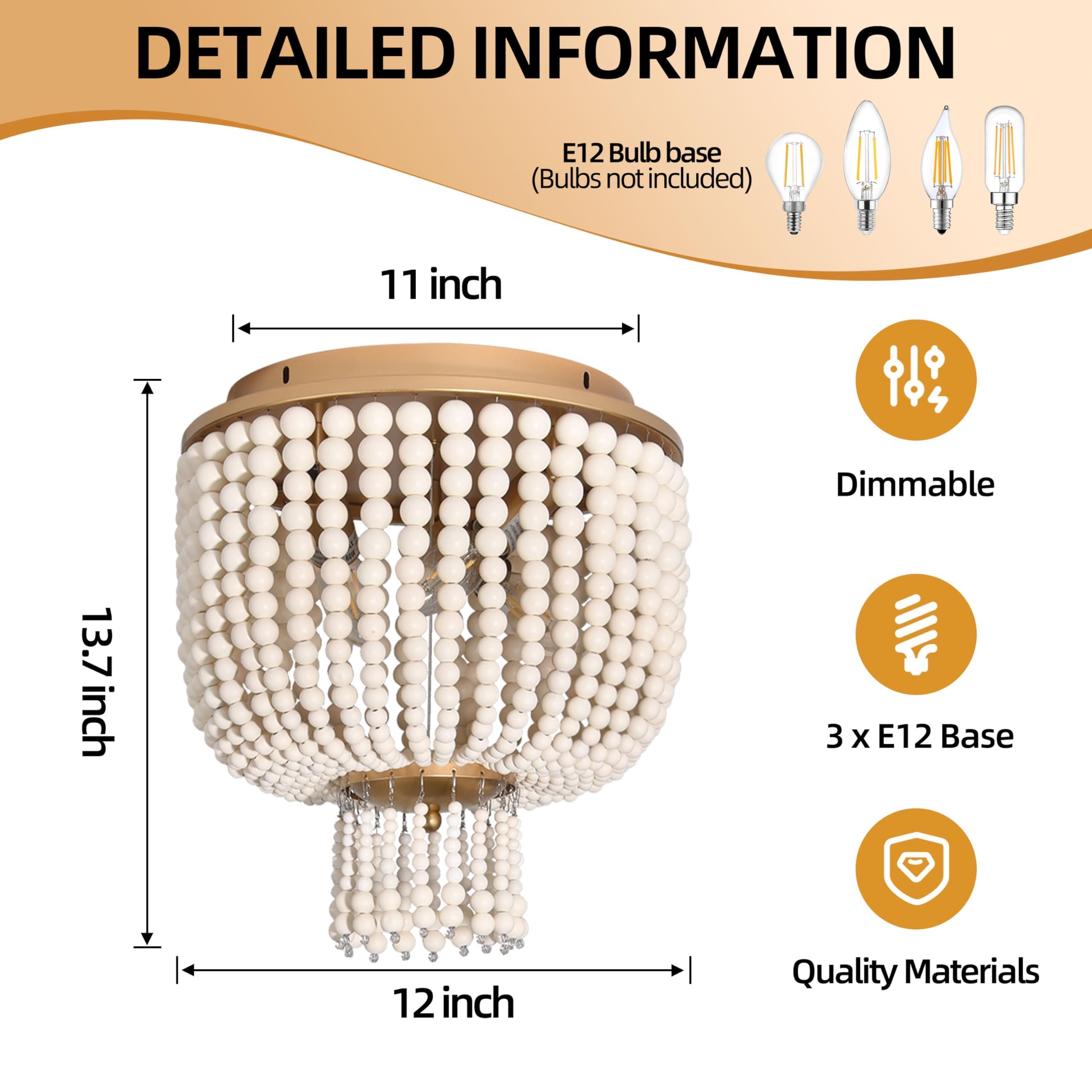 3 Light 12 Inch Boho Light Fixtures Ceiling Wood Beaded Flush Mount Ceiling Light Bohemia Wood Beaded Chandelier Natural Wood Beaded Chandelier Boho Light Fixture for Living Room 
