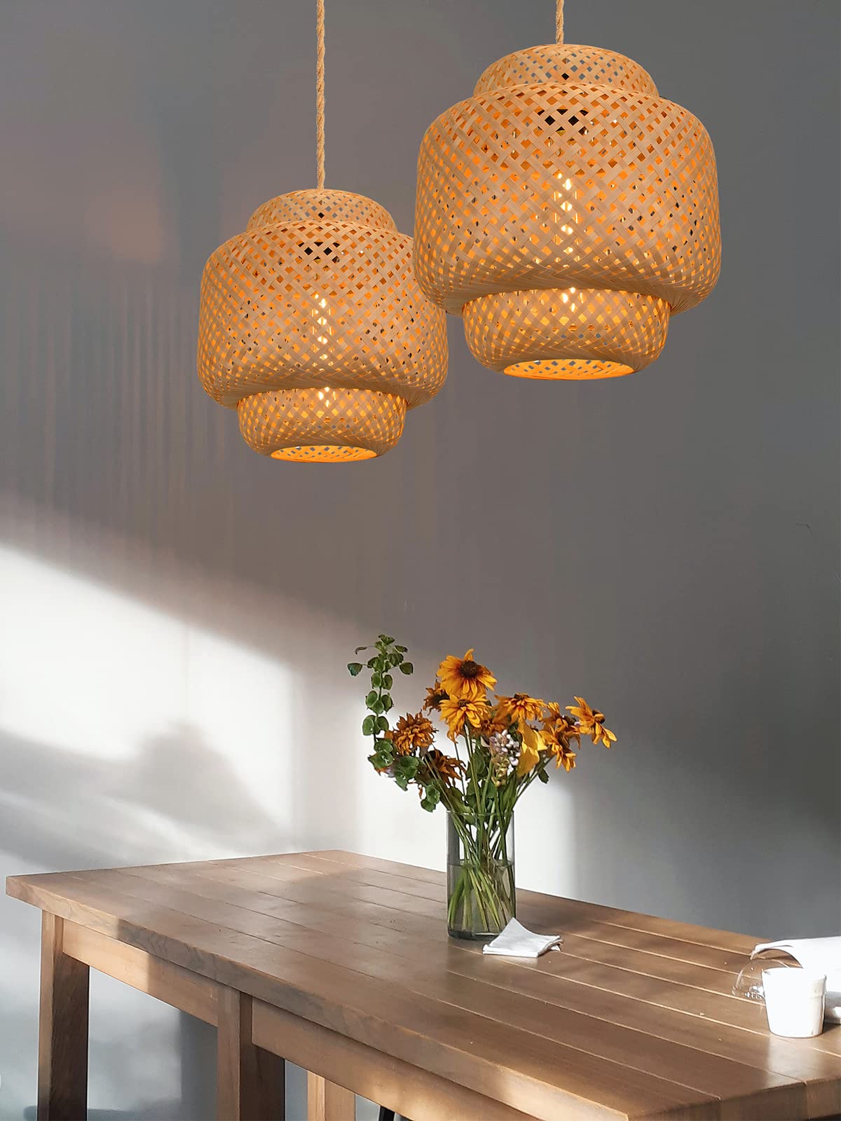 Plug in Pendant Light Hanging Lamp with Handmade Bamboo Lampshade Dimmer Switch Boho Modern Rustic Country Natural Basket Hanging Light with Plug in Cord 