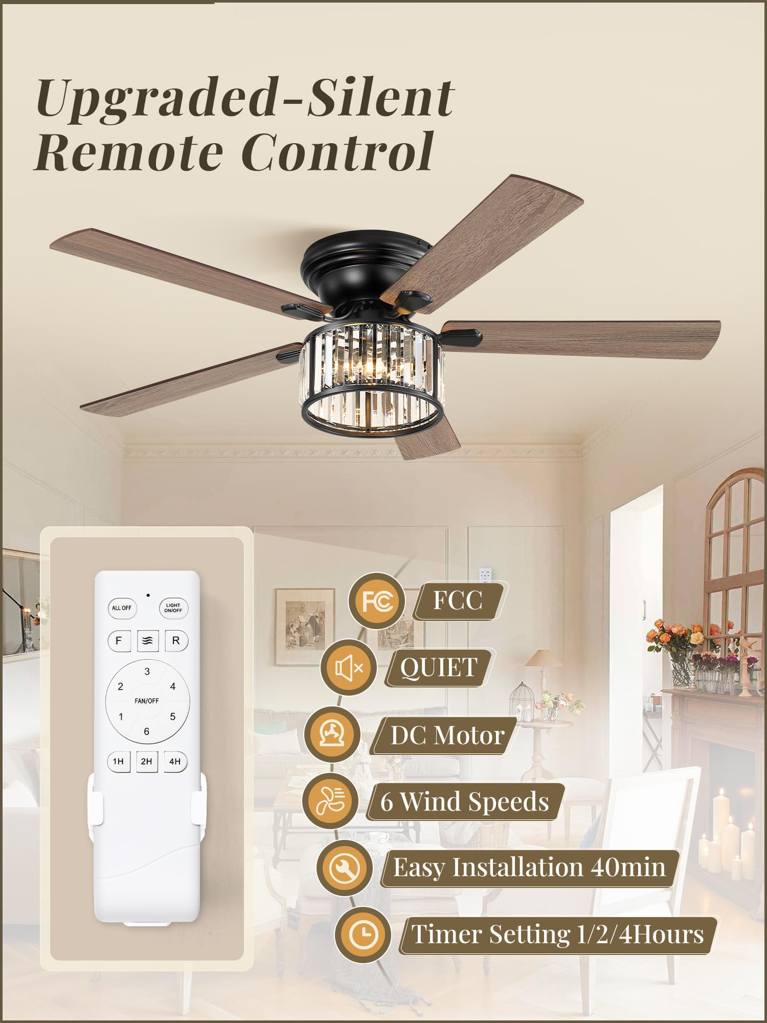 56 Inch Farmhouse Chandelier Ceiling Fan with Remote Control, Black Indoor Crystal Ceiling Fan with 6-Speeds, Quiet Reversible DC Motor, Flush Mount Ceiling Fan with Lights for Bedroom, Living Room 