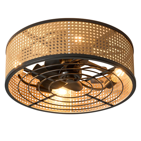 Rattan Boho Ceiling Fan with Light Flush Mount, 20 Inch Caged Ceiling Fans with Light and Remote Control, Low Profile Enclosed 6 Speeds for Bedroom Kitchen Living Room 