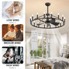 43" Wagon Wheel Ceiling Fan with 16-Lights, Adjustable Height Farmhouse Fandelier Chandelier for Living Room, E12 Bulb Compatible, Perfect for Summer Cooling and Winter Air Circulation 