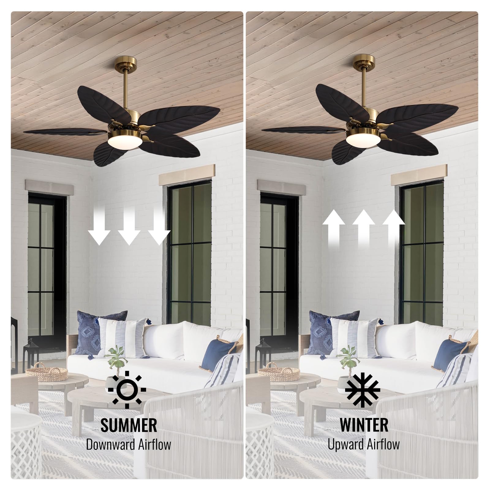  52" Tropical Ceiling Fans with Lights, Indoor Outdoor Black Ceiling Fan with Remote/APP Control, Flush Mount 5 Palm Leaf Ceiling Fan Light for Bedroom Dining Room Living Room Patios, 6 Speeds Visit t