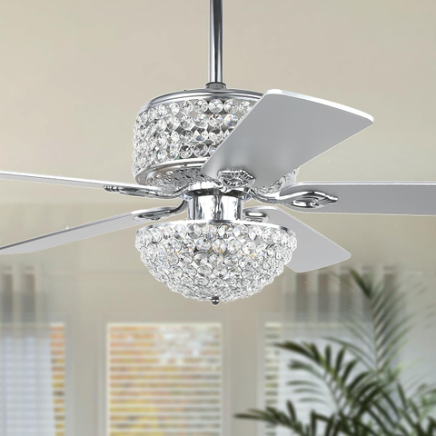 Crystal Ceiling Fan with Lights, 52” Modern Chandelier Fan with Remote Control, Quiet Fandelier with Reversible Dual Finish Blades, Indoor Fan Perfect for Living Room Dining Room, Bedroom, Silver 