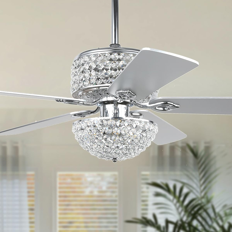 Crystal Ceiling Fan with Lights, 52” Modern Chandelier Fan with Remote Control, Quiet Fandelier with Reversible Dual Finish Blades, Indoor Fan Perfect for Living Room Dining Room, Bedroom, Silver 