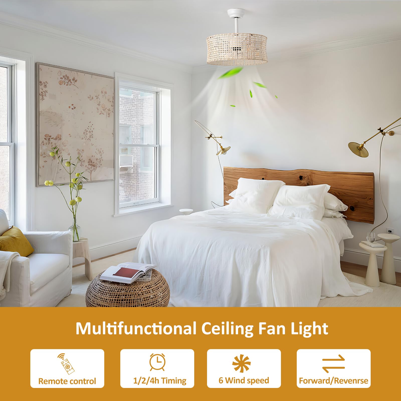 Boho Rattan Ceiling Fan with Light, 20