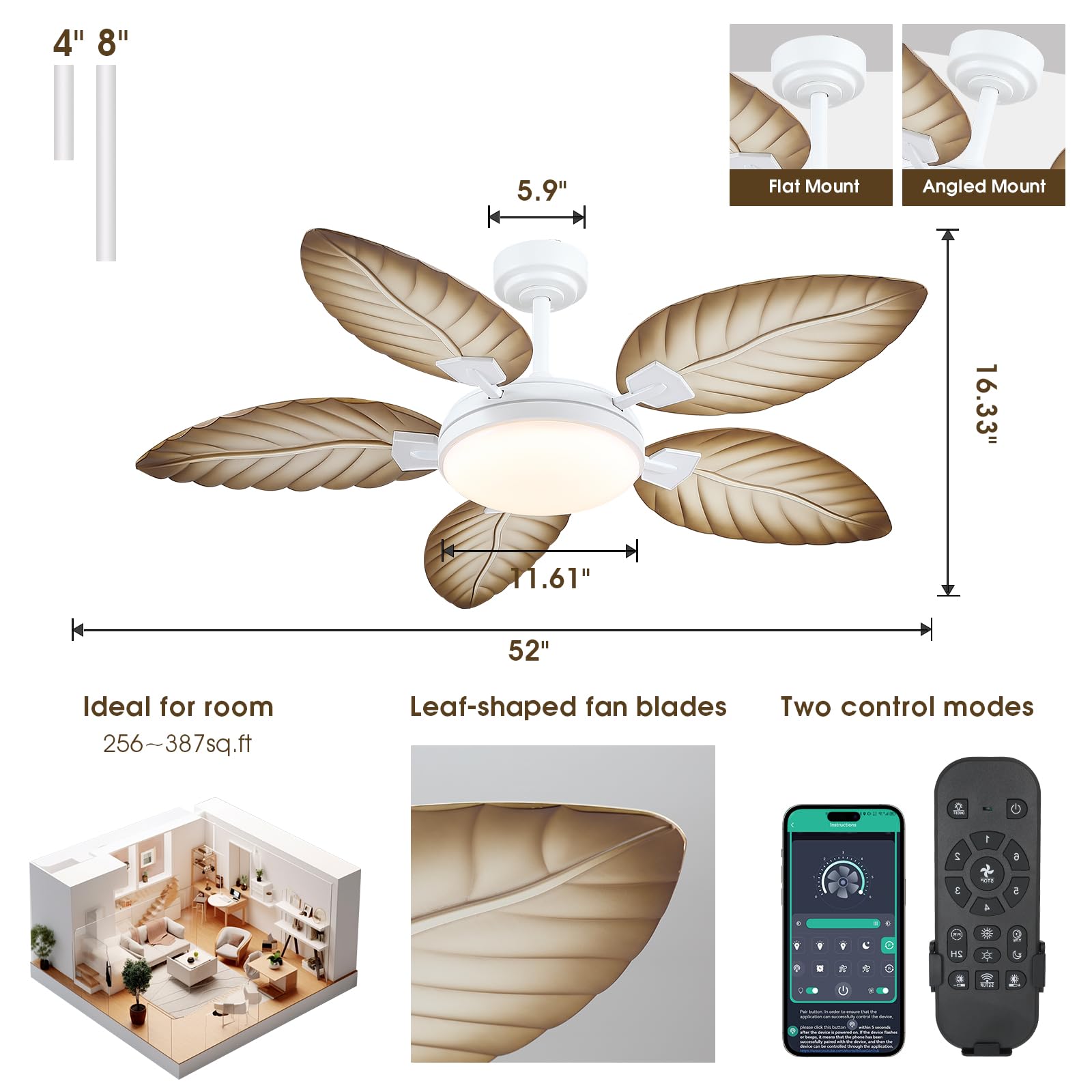 52 Inch Tropical Ceiling Fans with Lights and Remote,Outdoor Palm Leaf Ceiling Fan for Patios Porch Bedroom, Dimmable, 6 Speeds, Reversible