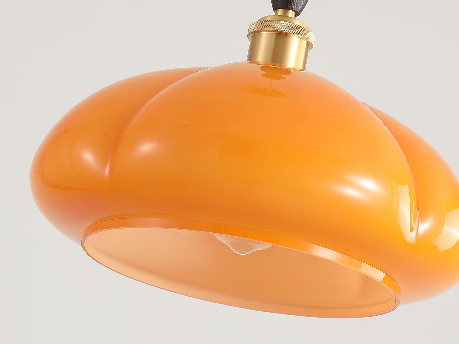 Glass Antique Gold Plug in Pendant Light Fixture with 14ft Handmade Woven Light Cord, Dimmable Switch, Vintage Orange Glass Round Brass Hanging Lamp for Kitchen Island Farmhouse Dining Room 
