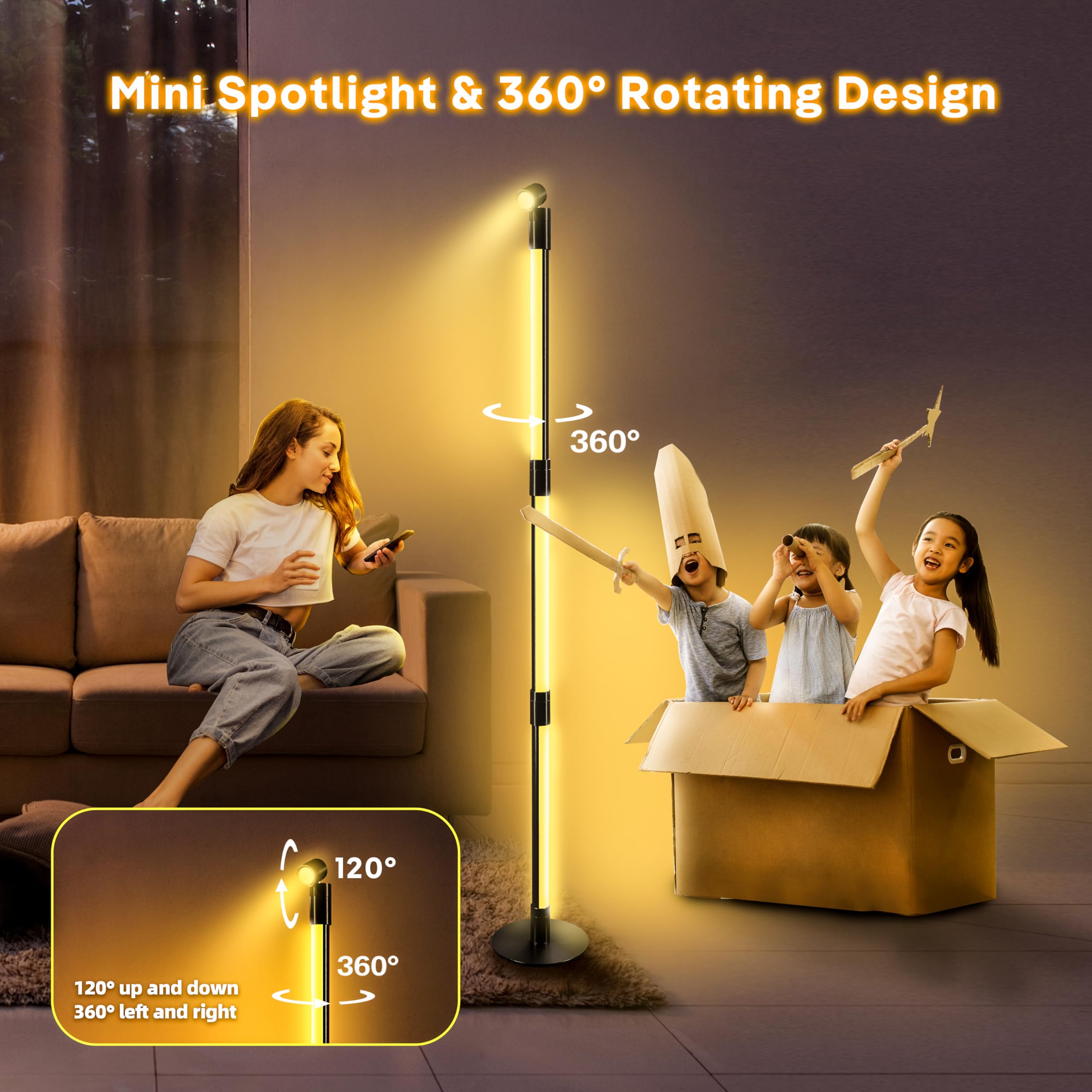RGB+IC Floor Lamp, Smart LED Corner Lamp with Music Sync and 16 Million DIY Colors, App & Remote Control, 360° Rotating Standing Floor Lamp with Spotlight for Bedroom Living Room 